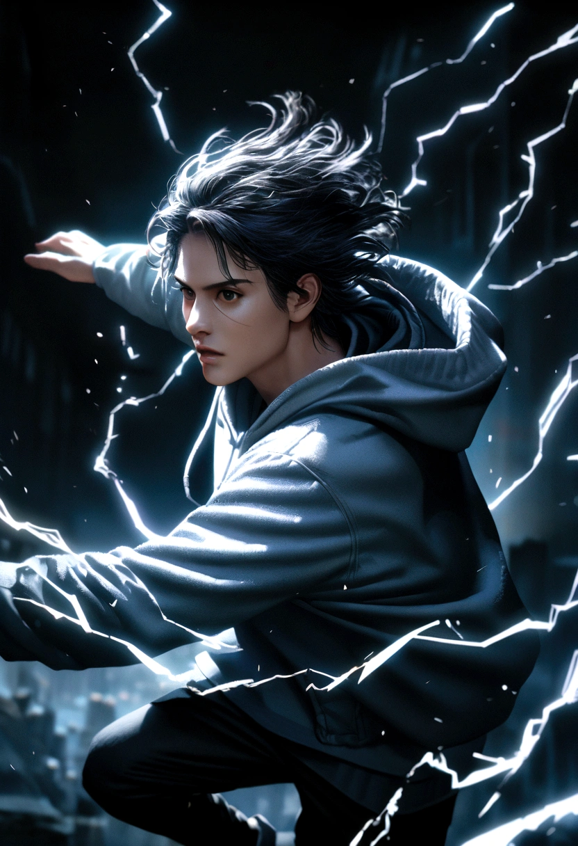 a young man with long black hair, wearing a black and white hoodie, electricity sparking around his body, highly detailed, 8k, photorealistic, cinematic lighting, dramatic pose, dynamic action scene, moody atmosphere, intense colors, digital art