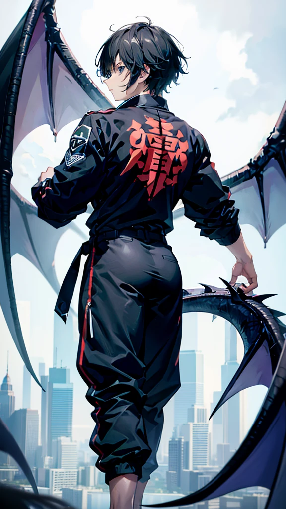 profile background, anime boy, serious face, black hair, grey eyes, martial arts clothing, with a blue dragon behind, high-res portrait, detailed eyes and face, character, fantasy, advanced urban, looking from behind at viewer, 4K, high resolution
