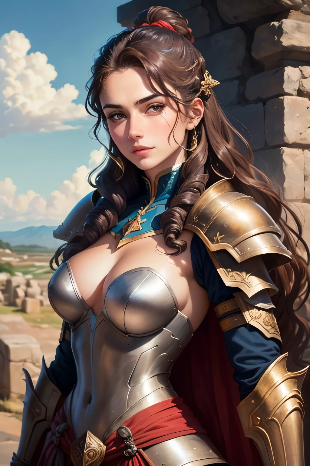((best qualityer)), ((work of art)), (detailded), 8K, 4K, hight contrast, work of art, carved stone statue of 1 marble statue of a warrior woman, lindo rosto detailded, lindos olhos detaildeds, beautiful detailed mouth, long hair , wavy hair , medieval armor , shoulderpads, layer, gauntlets , white gloves calm facial expression, standing upright, gazing at viewer, centred, Above clouds with clear skies, clear lighting, detailed shadows