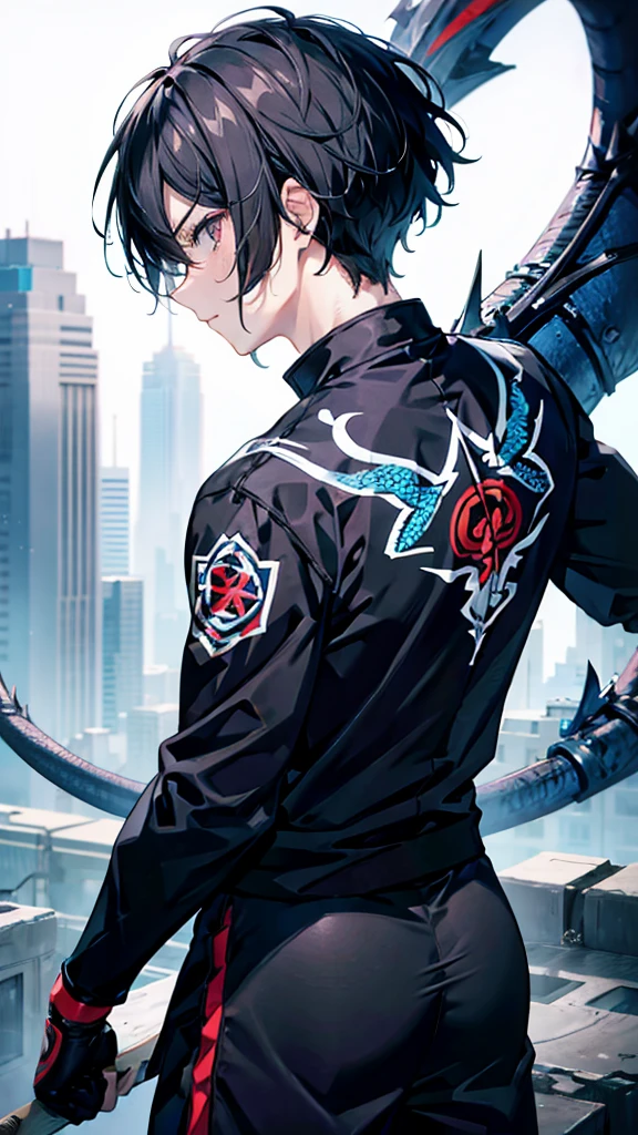 profile background, anime boy, serious face, black hair, grey eyes, martial arts clothing, with a blue dragon behind, high-res portrait, detailed eyes and face, character, fantasy, advanced urban, looking from behind at viewer, 4K, high resolution