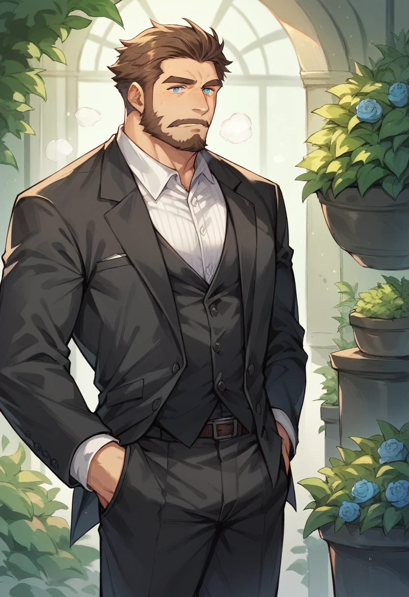 lion,personification,Mature male,Sexy Bad Uncle,beard,Cold expression,Blue pupils,Brown eyebrows,Black suit suit,Hands in pockets,The Age of Steam,garden。
