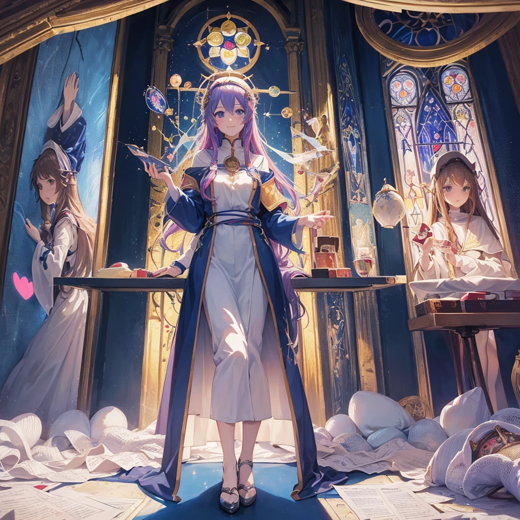 Tarot Cards(Female Pope(Salvator Mundi)のLast Supper( canteen Draw on canvas(Stained glass(Valentine hologram Blue light swirling) Last Supper holy grail Christ smile)Anime Poster、oil)