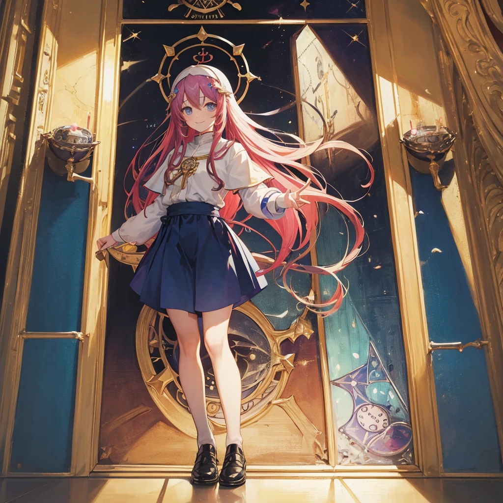 Tarot Cards（Female Pope(Salvator Mundi）のLast Supper（　canteen　Draw on canvas（Stained glass（Valentine　hologram　Blue light swirling）　Last Supper　　holy grail　Christ　smile）Anime Poster、oil）
