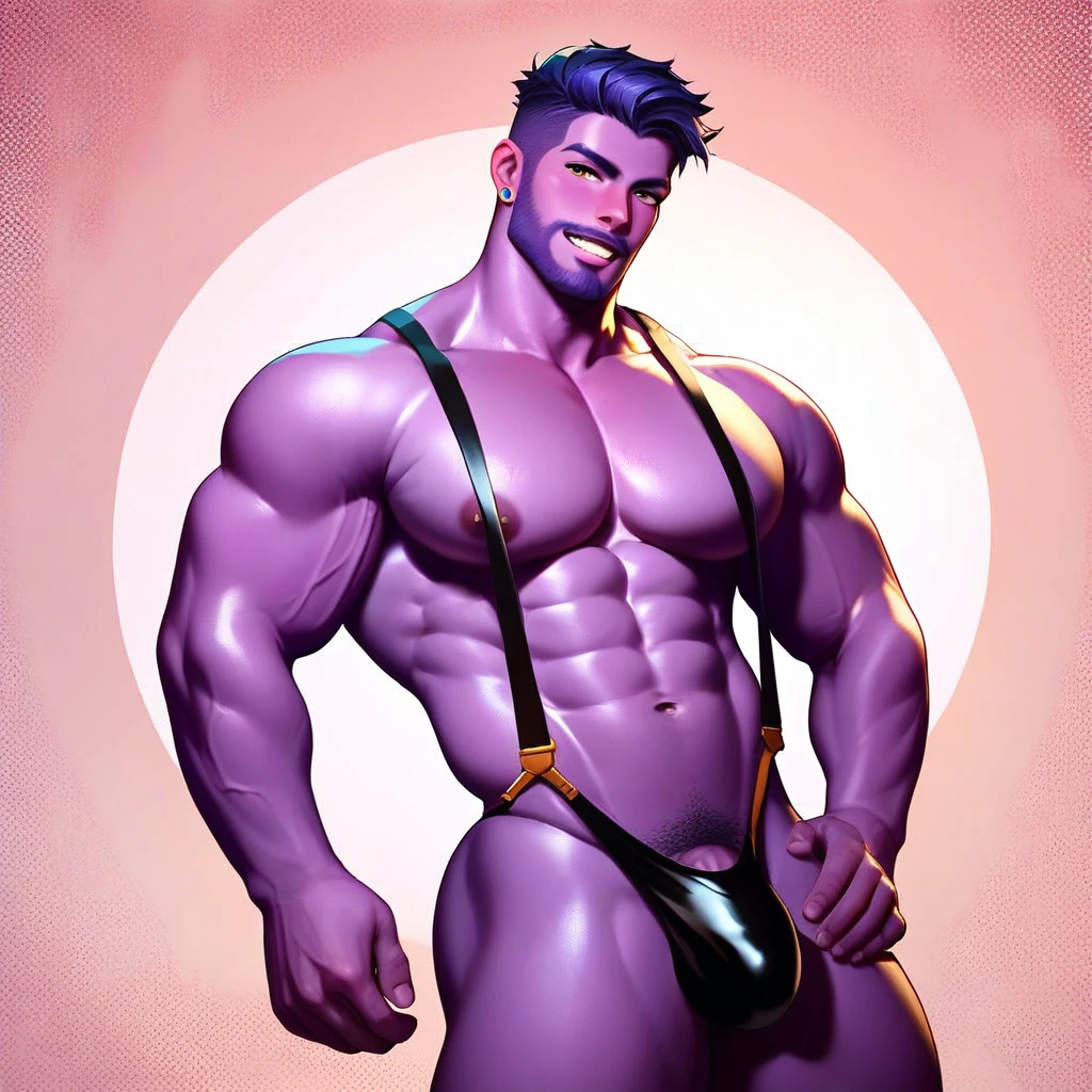 score_9, score_8_up, score_7_up, rating_explicit, source_anime, handsome guy, purple skin, thong, suspenders, sexy pose
