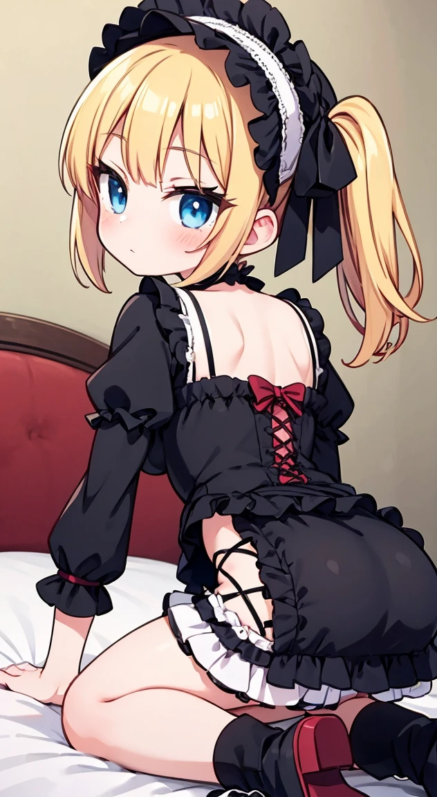 masterpiece, Highest quality, (anime screencap:1.3),(shape), cute,(Simple:1), (anime:1.2),Solo Sharp Focus, 1 Girl, Looking at the audience, NSFW,Japan,Love Hotel,bed,Leaning forward,blonde,((mini skirt)),on all fours,back view, on all fours,Twin tails,summer ,Cleavage((Black Gothic Costume)),Red ribbon,Gothic,,Black ta Fashion,Gothic Bonnet,Hair Ribbon,Cowboy Shot,Daytime,,,Large Breasts,,(Absolute region 1.1),(Braided Boots 1.1),Browsing Caution,