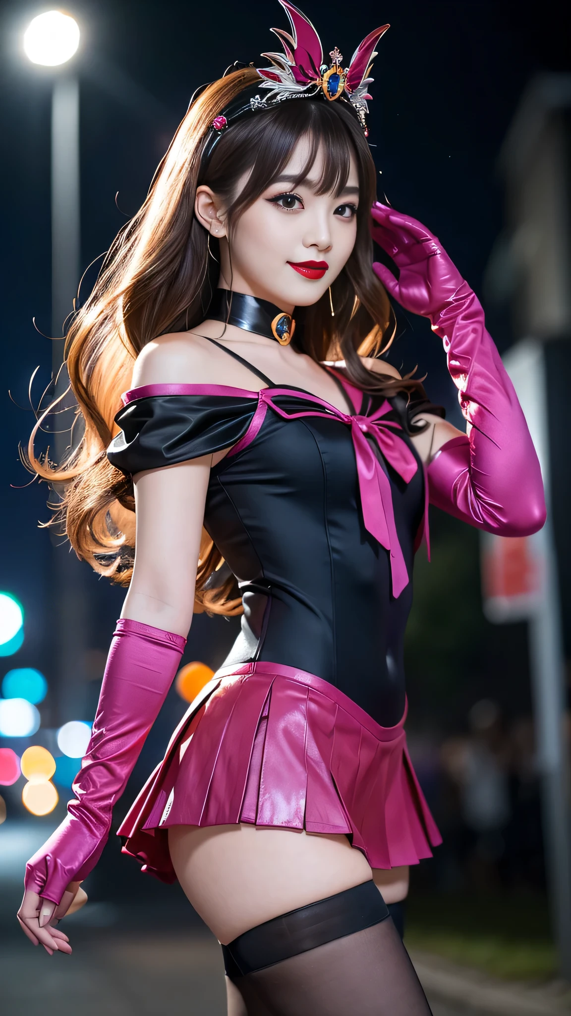 best quality、ultra-detailed、8K、Japanese、Japanese、Seductive beauty、seductive adult woman、Pretty Woman、cool girl、smirk、Wicked Smile、masterpiece、best quality、highres、1girl、solo、slender、looking at viewer、standing、sv1、 sailor senshi uniform, purple skirt, pleated skirt, Miniskirt, purple sailor collar, elbow gloves, black gloves, tiara, hair bow, red bow, choker, purple choker, black leotard, blonde hair, very long hair, jewelry, grin, blush, blonde hair,young, beautiful Japanese actress wearing villainous costume inspired by female demon. costume is glossy bodysuit with pink and black color scheme. Her headpiece and makeup are uniquely themed around lipstick and cosmetic bottles, with headpiece. Her makeup features villainous-style, with bold lipstick and dramatic eyeshadow. She is smiling enticingly, capturing essence of charismatic but dangerous character, action battle pose. at night, outdoor, town、Brown hair、wavy hair、swept bangs、piercing eyes、skin color pantyhose、night、inside darkroom、hand hold pantyhose、Are standing、shoot from below、Offer、shoot from below、Swear allegiance、I have pledged my allegiance、
