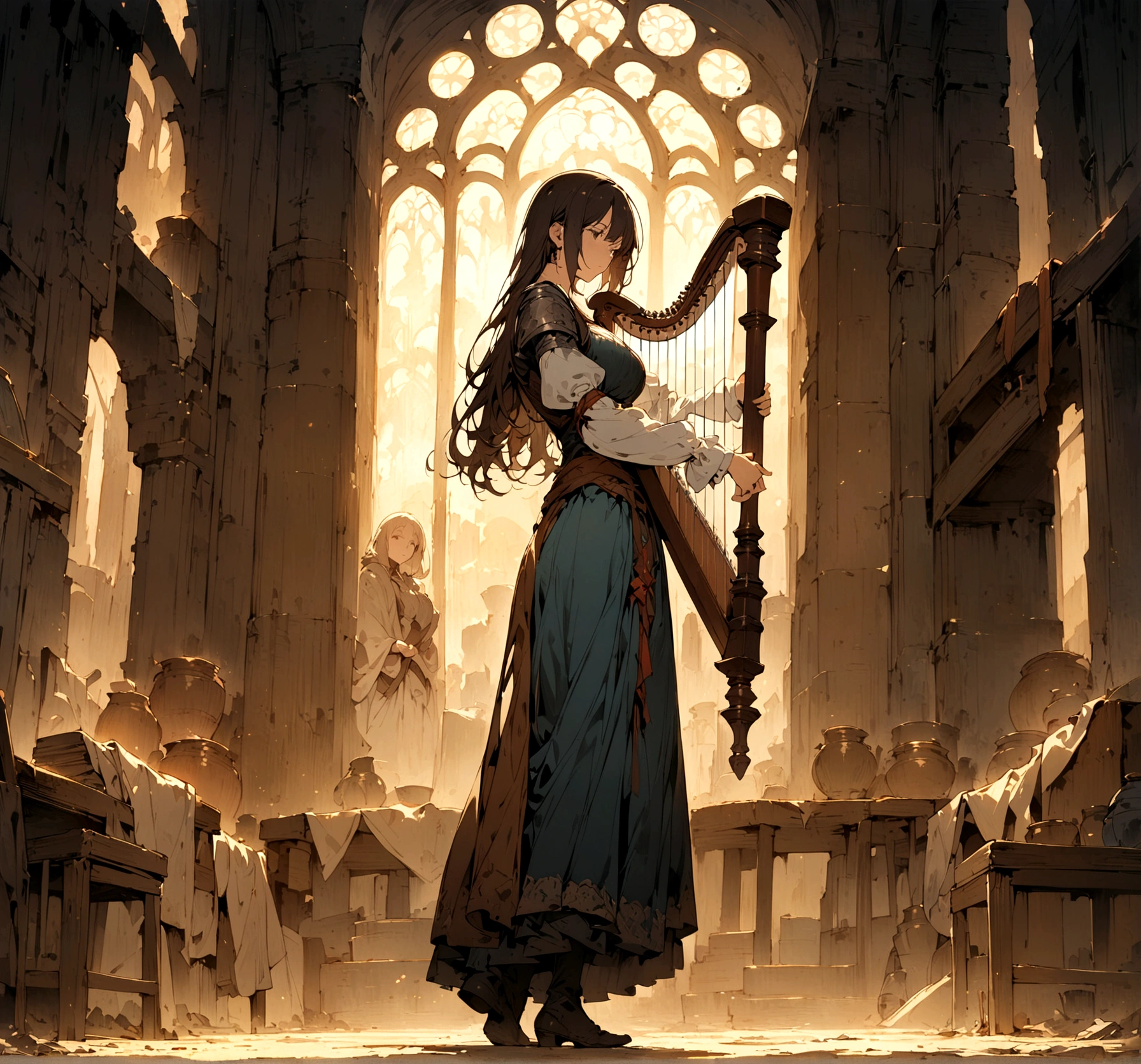 (masterpiece), (best quality), (Super detailed), (Best illustration), woman, Instrument 2Harp, whole body, middle Ages