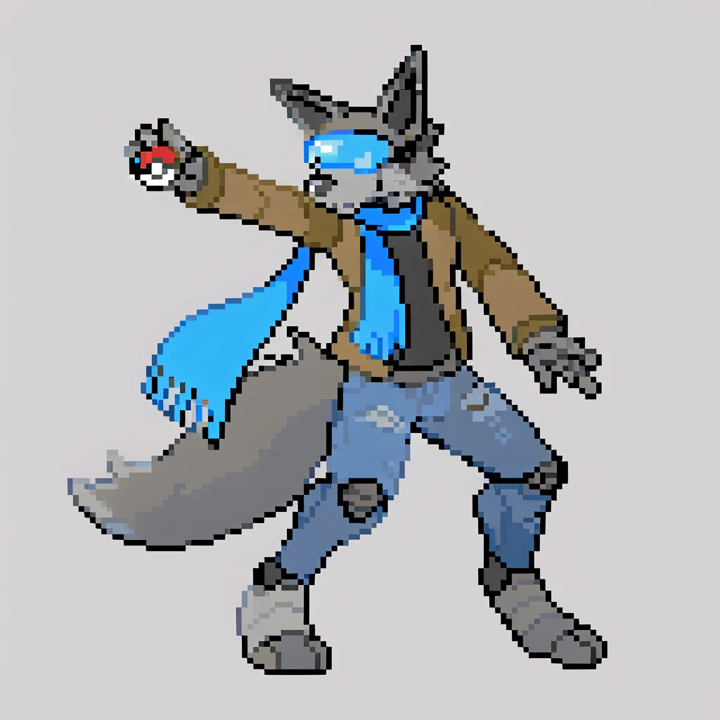 canid, canine, canis, mammal, mythological_canine, were, werecanid, werecanine, dog, robot_dog, metal_body, metal_fur, grey_nose, blue_visor, blue_scarf, brown_jacket, ripped_jeans, holding_pokéball, pose, male, fingers, fluffy, fluffy_tail, fur, thin_anthro, full_body, solo, digital_media_(artwork), hi_res, masterpiece,