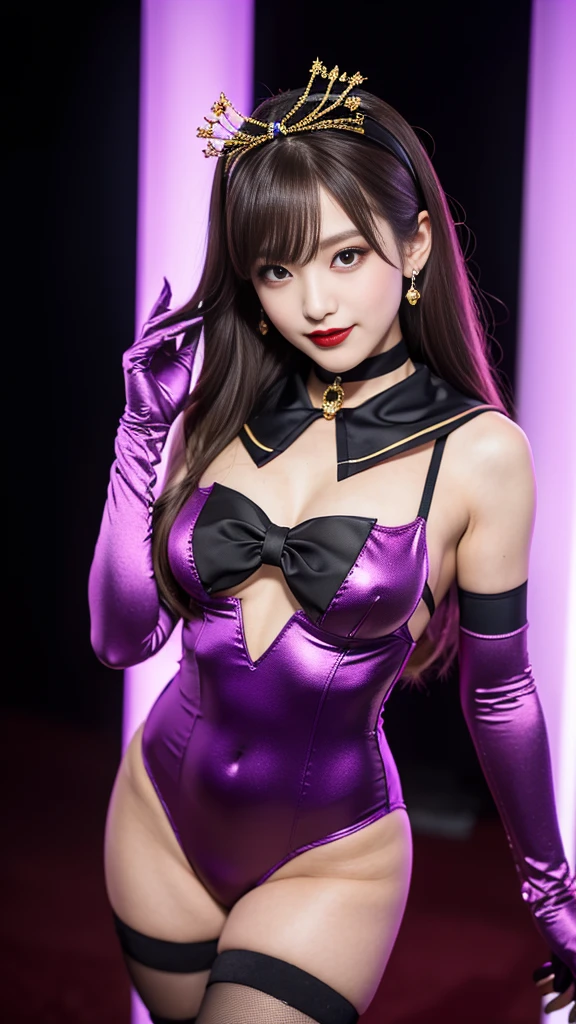 best quality、ultra-detailed、8K、Japanese、Japanese、Seductive beauty、seductive adult woman、Pretty Woman、cool girl、smirk、Wicked Smile、masterpiece、best quality、highres、1girl、独奏、slender、looking at viewer、standing、sv1、1, sailor senshi uniform, purple skirt, pleated skirt, Miniskirt, purple sailor collar, elbow gloves, black gloves, tiara, hair bow, red bow, choker, purple choker, black leotard, blonde hair, very long hair, jewelry, grin, blush, blonde hair,young, beautiful Japanese actress wearing villainous costume inspired by female demon. costume is glossy bodysuit with pink and black color scheme. Her headpiece and makeup are uniquely themed around lipstick and cosmetic bottles, with headpiece. Her makeup features villainous-style, with bold lipstick and dramatic eyeshadow. She is smiling enticingly, capturing essence of charismatic but dangerous character, action battle pose. at night, outdoor, town、Brown hair、wavy hair、swept bangs、piercing eyes、skin color pantyhose、night、inside darkroom、hand hold pantyhose、Are standing、shoot from below、Offer、shoot from below、Swear allegiance、I have pledged my allegiance、