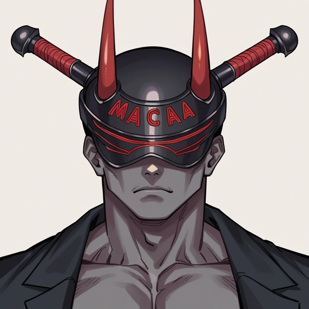 A demon from the anime Chainsaw Man, It has a hybrid hammer head, Warhammer Head, he has a gray muscular body, dark gray skin, wearing no shirt, fully body, black hands, and look fierce, Human lips, bonitas, handsome, Demonic, simple background. Foco no rosto do personagem, demoniac face. An iron visor covering the eyes, visor de ferro Demonic, normal lips.