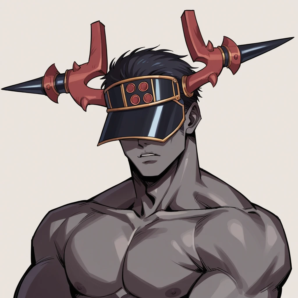 A demon from the anime Chainsaw Man, It has a hybrid hammer head, Warhammer Head, he has a gray muscular body, dark gray skin, wearing no shirt, fully body, black hands, and look fierce, Human lips, bonitas, handsome, Demonic, simple background. Foco no rosto do personagem, demoniac face. An iron visor covering the eyes, visor de ferro Demonic, normal lips.