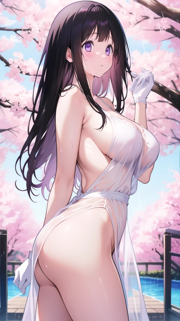 Amazing Chitanda, There is only one beautiful girl,Purple Eyes, Black Hair, Very red face,Very white skin,Glowing skin,Skin as delicate as porcelain,Naturally straight hair, Straight bangs,Extremely refined,Open lips,Long flowing hair,Beautiful Girl, Like a dream,Slim,Slim waist,Soft, (Sensual), (Kawaii), Dream quality,Beautiful big breasts,Sheer loose dress,Areola,Completely naked,Lower edge of breast,White gloves,Flower decoration,Deep V neckline,Loose neckline,White lace-up,Wide neckline,Walking in school,Place your hands on your inner thighs,Thighs clamp hands,Wet skin,Sweaty and sweaty,Sweating all over,it is raining,Next to the cherry blossom trees,Back to,Lean over,Hips,Side body,Gluteal groove,Completely naked的臀部,Bare back,Completely naked的背部,Light transmission,(no pants),nopan,pussy juice,Bare shoulders,There are no shoulder straps,Bare neck,Exposed collarbone,Exposing breasts,Exposing breasts侧面,Exposing breasts下面,Show your waist,Show your buttocks,Show your thighs,Exposing the groin,(No pants),extremely shy,Ultra-high resolution, (masterpiece:1.2, best quality), (Delicate and beautiful eyes: 1.2), (Beautiful and delicate face)