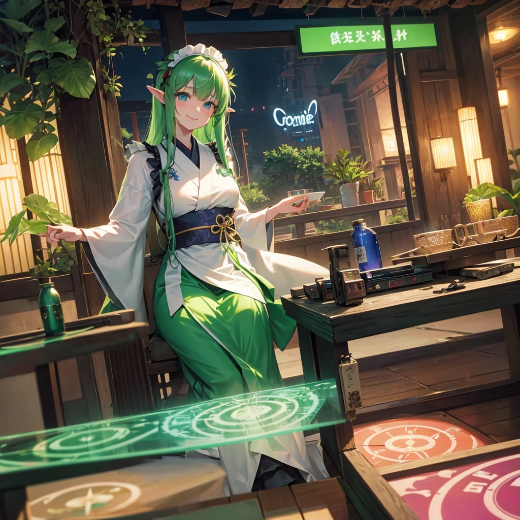 Elf(Maid clothes(kimono) tropical tropicalジュース(tray) Tavern(Adventurer) cyber punk Green light swirling(hologram) Multiple monitors behind(Streaming screen magic circle) Adventurer Medieval Fantasy smile night comics)