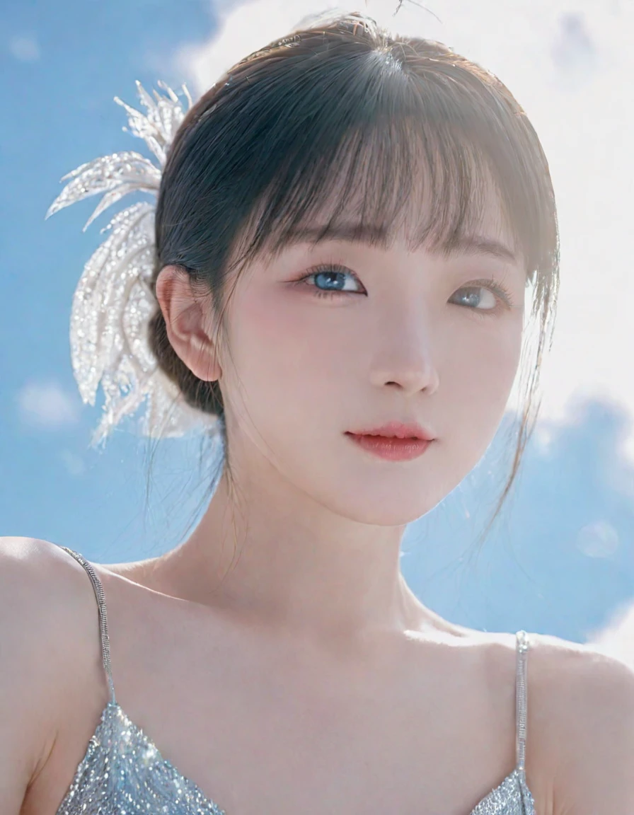 absurdres, highres, (official art, beautiful and aesthetic:1.2), (near vision:1.15), (1girl, blue hair, medium hair, blue eyes, bright eyes, long white dress, blue ruffle,:1.2) blue sky, Shimmering Galaxy, (Salar de Uyuni:1.2), (fractal art:0.8), water effects, ripple effects, (flower effects: 0.65), light effects,