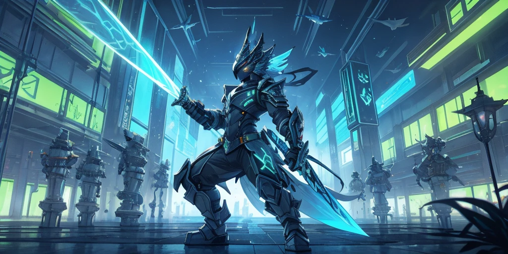 warrior in hummingbird armor, with face with glowing magic tattoos, green neon details, with technological medieval armor with glowing magic marks, full body, hummingbird beak sword with glowing magic marks. Epic scene, wide and deep scenery, with several depth planes, stylish and dynamic pose. In the middle of a retro atompunk magical metropolis, mixing technology and greenery, buildings with neon details and glowing magical vegetation.