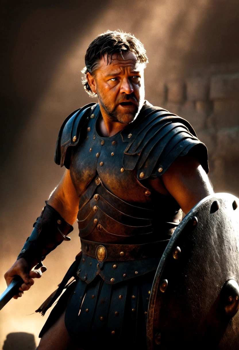 Russell Crowe as the Gladiator, with a sword in one hand and a shield in the other, fighting a gladiator, muscular man, highly detailed face, hyperrealistic, epic battle scene, dramatic lighting, cinematic, wide angle, gritty, chiaroscuro, dramatic pose, intense expression, detailed armor, impressive scale, historical accuracy, moody atmosphere, realistic textures, volumetric lighting, best quality, 8k, high resolution, masterpiece