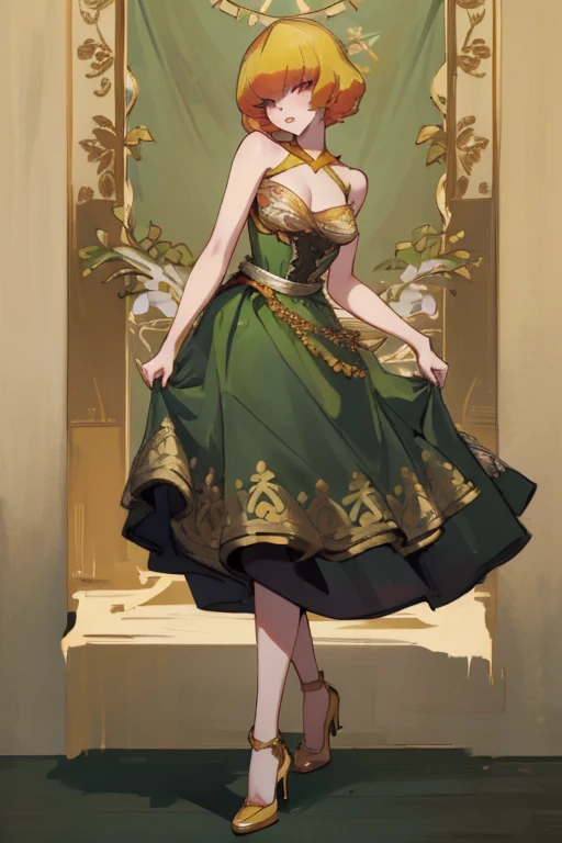 ((Highest quality)), ((masterpiece)), (be familiar with),Clementine,Overload,nsfw,Sleeveless dress,Gorgeous green dress,Gold embroidery,High heels,Fascinating,Long skirt