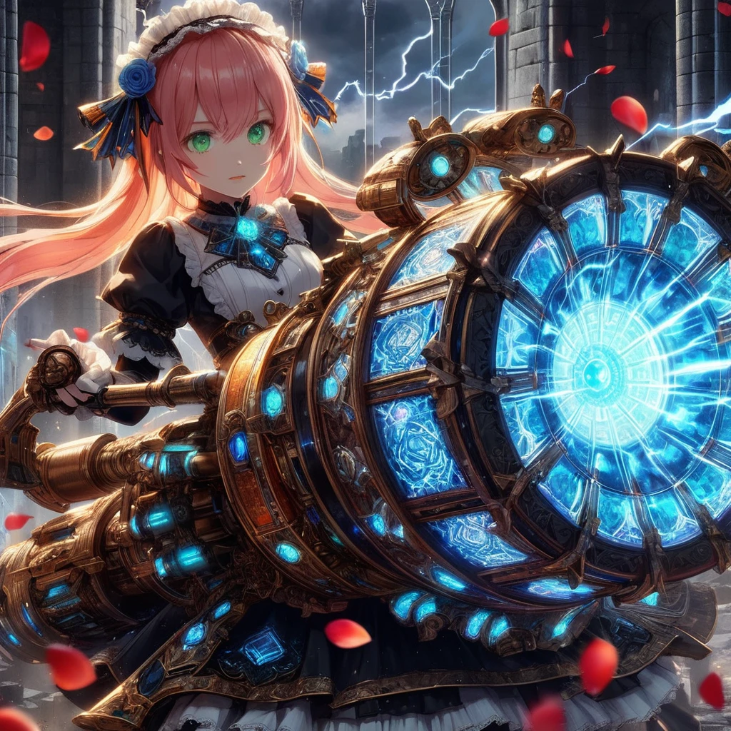 High-resolution rendering、Pink-haired, green-eyed black maid with a giant volt cannon、A gigantic Volt Cannon that is significantly larger than her head.、Detailed Vault Cannon、Blue and orange volt cannon。The Vault Cannon is engraved with intricate geometric stained glass patterns.、Shooting lightning。She points the Volt Cannon at the viewer.。Full Body Shot。In the background, it is pitch black with ruins.、The falling rose petals create a fantastic atmosphere.。An anime with delicate lines drawn using soft brushstrokes like watercolorultiple cels are layered to create the texture of ink.。Quality depicted through pinpoint detail。Full Body Shot