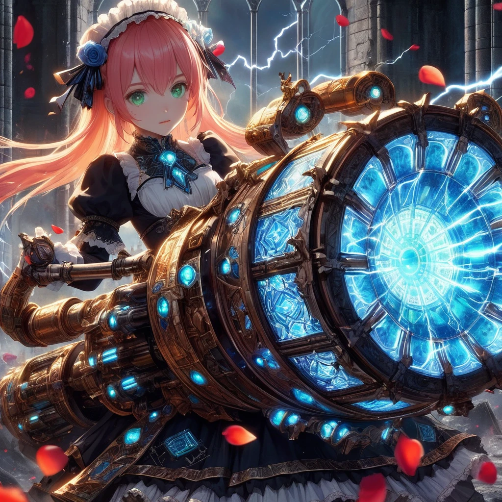High-resolution rendering、Pink-haired, green-eyed black maid with a giant volt cannon、A gigantic Volt Cannon that is significantly larger than her head.、Detailed Vault Cannon、Blue and orange volt cannon。The Vault Cannon is engraved with intricate geometric stained glass patterns.、Shooting lightning。She points the Volt Cannon at the viewer.。Full Body Shot。In the background, it is pitch black with ruins.、The falling rose petals create a fantastic atmosphere.。An anime with delicate lines drawn using soft brushstrokes like watercolorultiple cels are layered to create the texture of ink.。Quality depicted through pinpoint detail。Full Body Shot