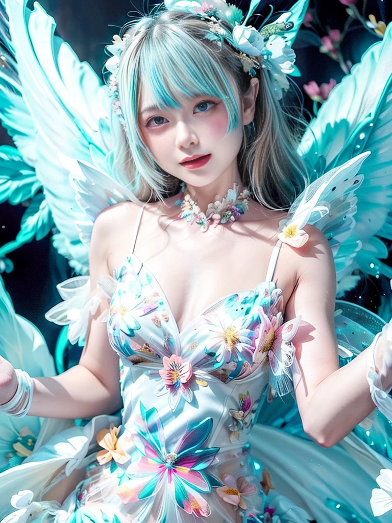 4K Ultra HD, masterpiece, girl, Nice face, Fine grain, Detailed lips, 花のFairyの少女, Big Wings, Transparent feathers, Neon Light, (Galaxy Background:1.5), (Floral Dress:1.8), (White Dress:1.5), In heaven,Angel、Fairy、(((Gentle Smile 1.3)))、(((Elegant pose 1.5)))、(((Blur the background)))、((1.85)))、