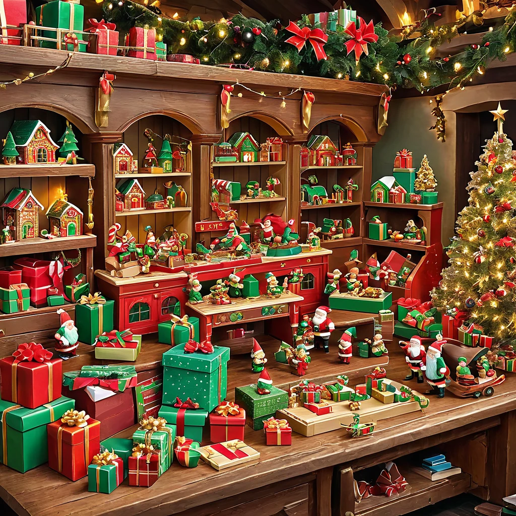 Create an image of Santa's bustling workshop, filled with busy elves crafting toys. Show piles of presents and intricate details.