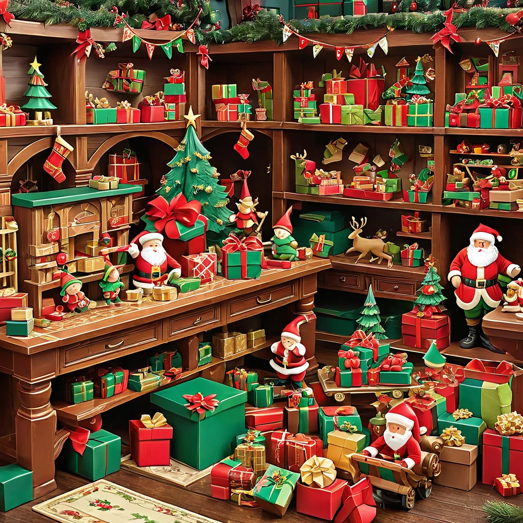 Create an image of Santa's bustling workshop, filled with busy elves crafting toys. Show piles of presents and intricate details.