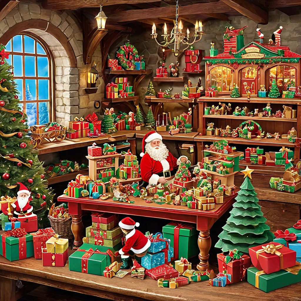 Create an image of Santa's bustling workshop, filled with busy elves crafting toys. Show piles of presents and intricate details.