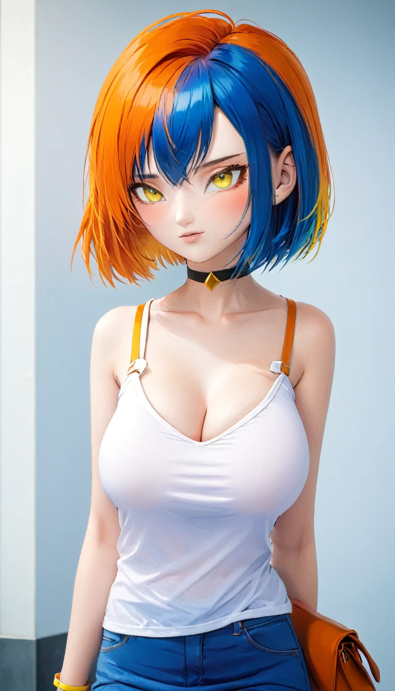 breasts, blush, short hair, bangs, multiple girls, shirt, 2girls, hair between eyes, blue hair, collarbone, yellow eyes, upper body, ahoge, red hair, choker, bag, orange eyes, blue shirt