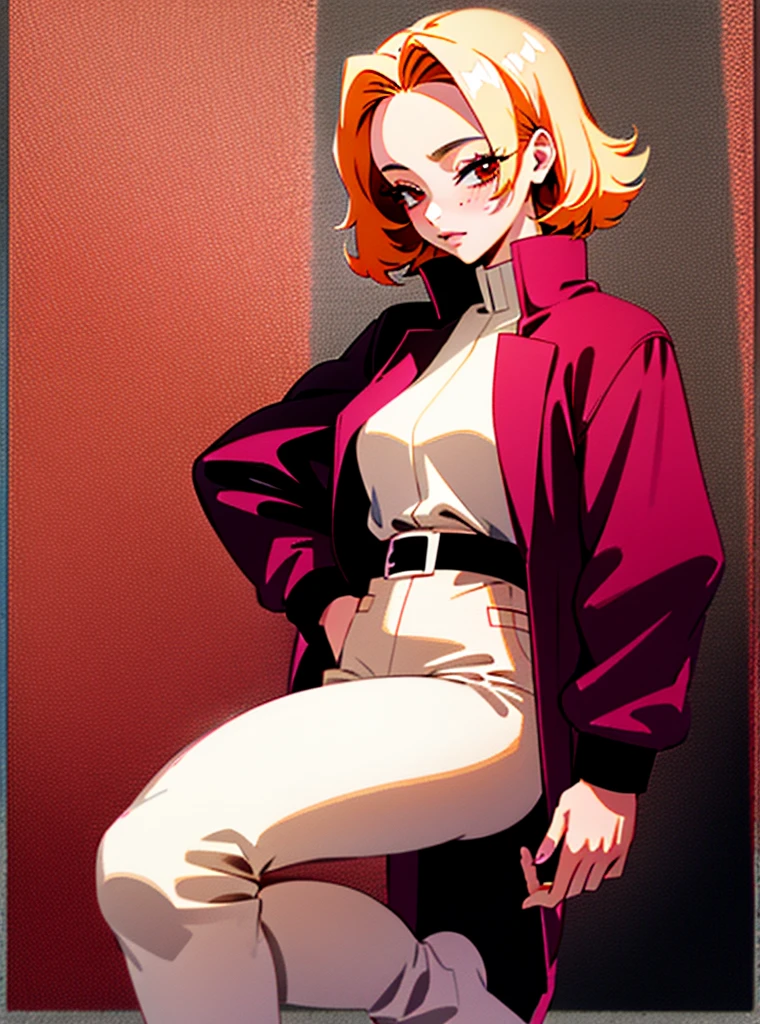 1 girl with short tangled blonde hair, with orange tips, red eyes, a pink mole below her lip, a dark red jacket that reaches her knees, white pants with a black belt with dark red, black boots