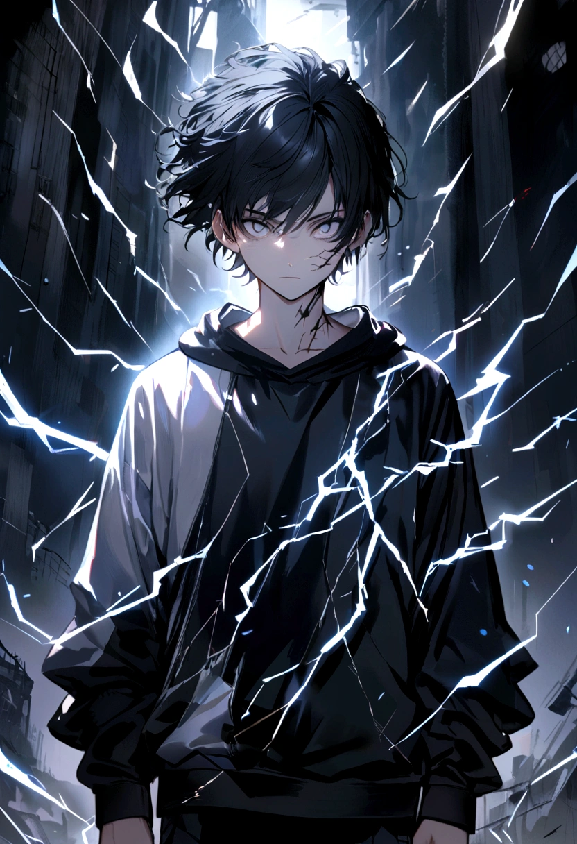 Man 17 years old Long black hair black and white sweatshirt with electricity on his body