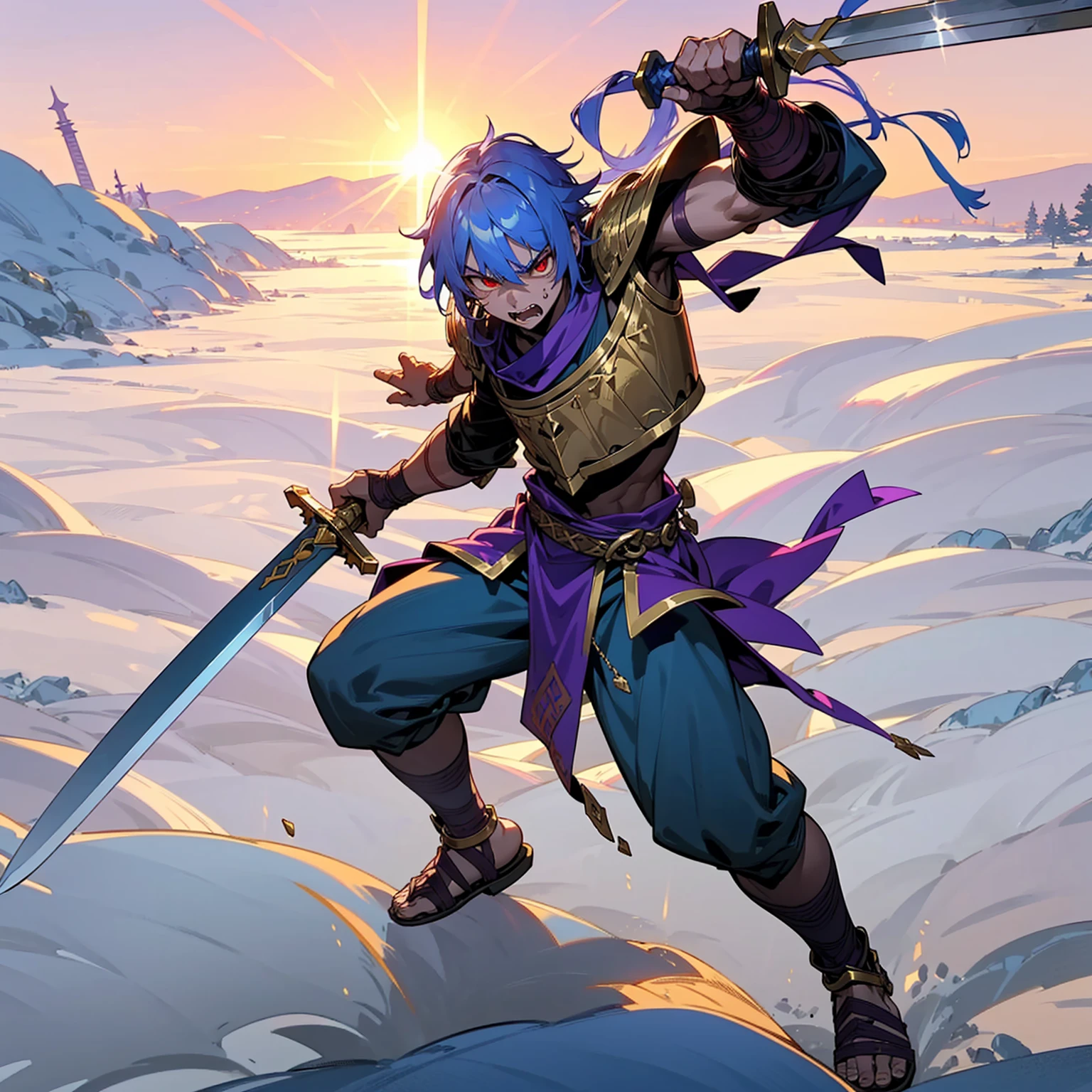 1boys orc, Full body version, red eyes, purple colour skins, angry eyes, cut hair, blue colour hair, angry expression, ancient greek clothing, gladiator sandals, Rapier gold sword in hand, small shield gold, gold armor vest, Grassroots background in snow, sunlight, sun, Sun silhouette, sun glare, smoke, background clutter, damage, war gesture