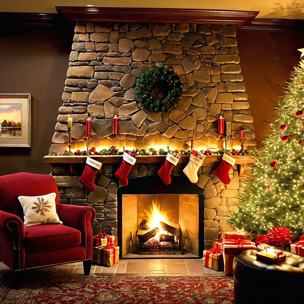 Illustrate a warm, cozy living room with a crackling fireplace, stockings hung by the mantle, and a family gathered to exchange gifts
