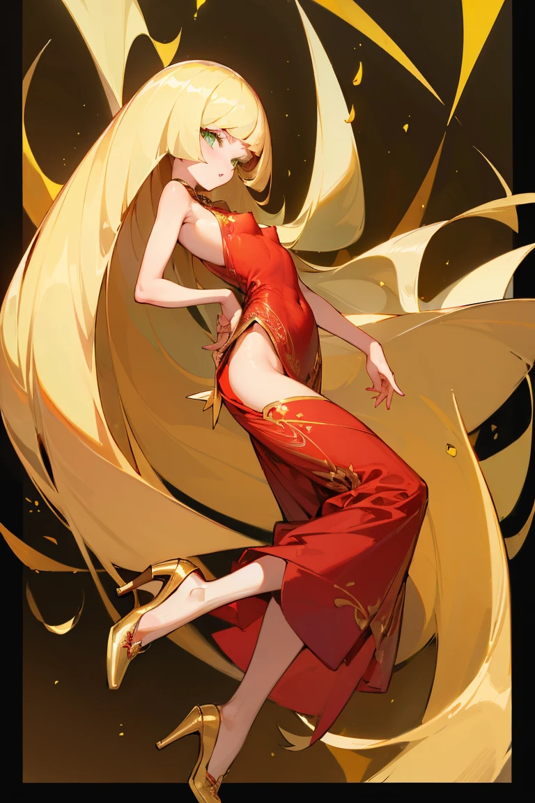 ((Highest quality)), ((masterpiece)), (Familiar), Lusamine,nsfw,thin,Long blonde hair,Small breasts,Small breasts,Erect nipples,Adult female,Green Eyes,Slanted Eyes,Sleeveless dress,Gorgeous red dress,Gold embroidery,High heels,Fascinating,Long skirt