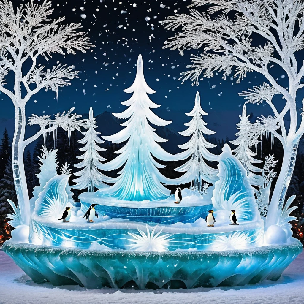 Generate a winter wonderland scene with ice sculptures, skating penguins, and shimmering icicles. Convey the beauty of a frozen landscape.