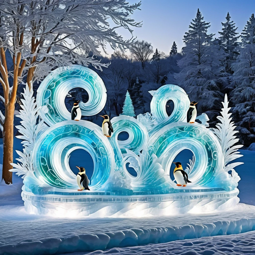 Generate a winter wonderland scene with ice sculptures, skating penguins, and shimmering icicles. Convey the beauty of a frozen landscape.