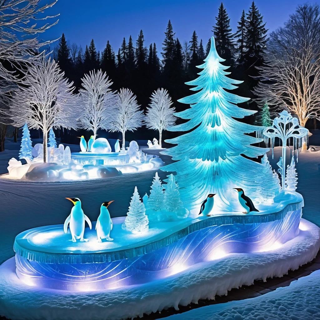 Generate a winter wonderland scene with ice sculptures, skating penguins, and shimmering icicles. Convey the beauty of a frozen landscape.