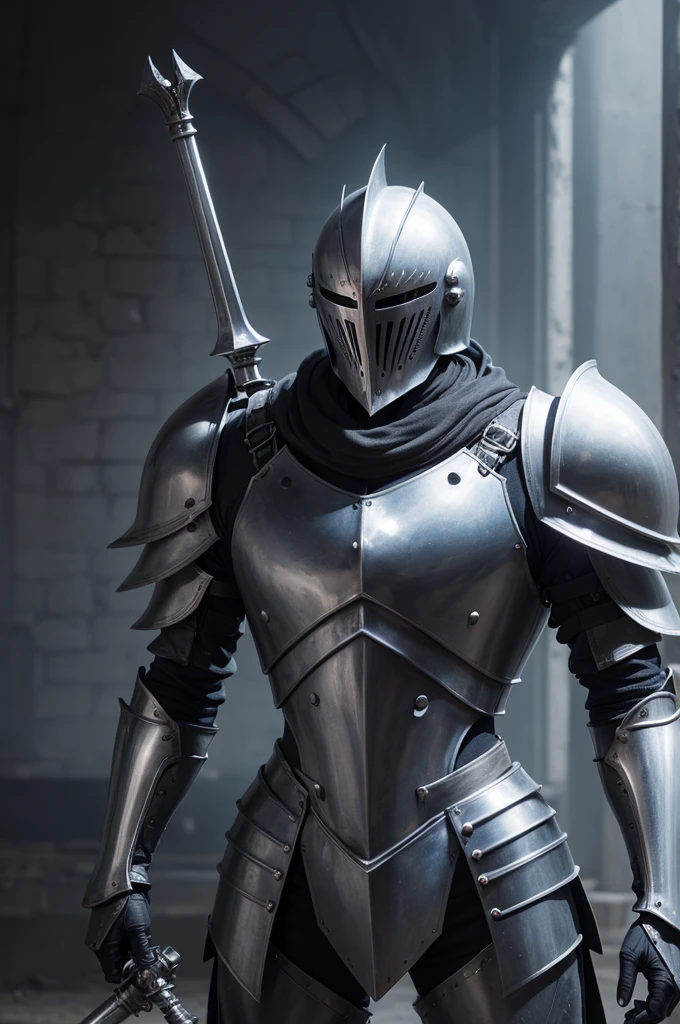 A metal knight, the being inside the armor is just a mace of Liquid metal, instead of metal gloves, From the knight&#39;s wrist, liquid metal comes out and solidifies into weapons that remain there instead of the hand., it may have a silver color that is not very shiny.