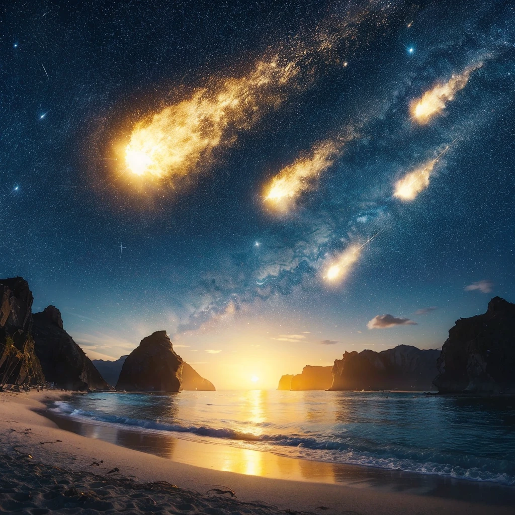 stars in a night sky on a white beach with (((six))) ((gold)) bigger and brighter comet ones shining brighter than the rest