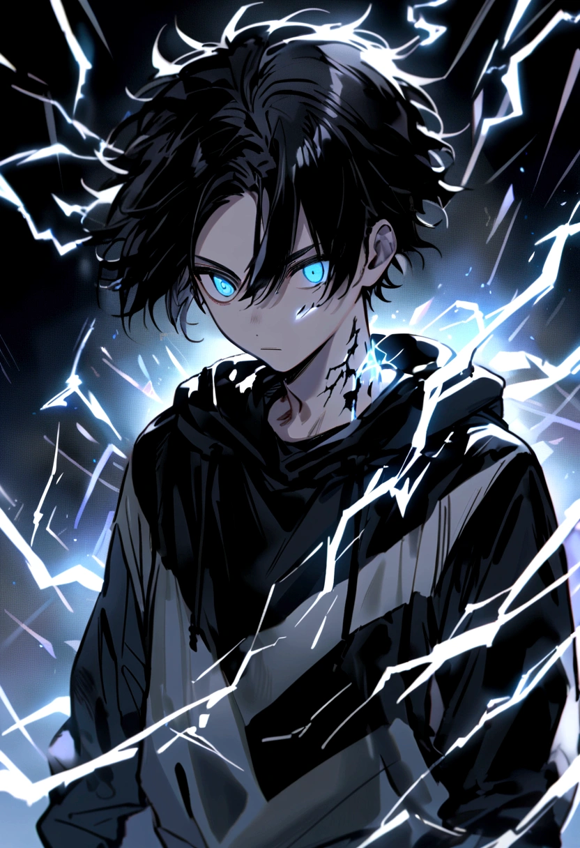 Man  Long black hair black and white sweatshirt with electricity on his body