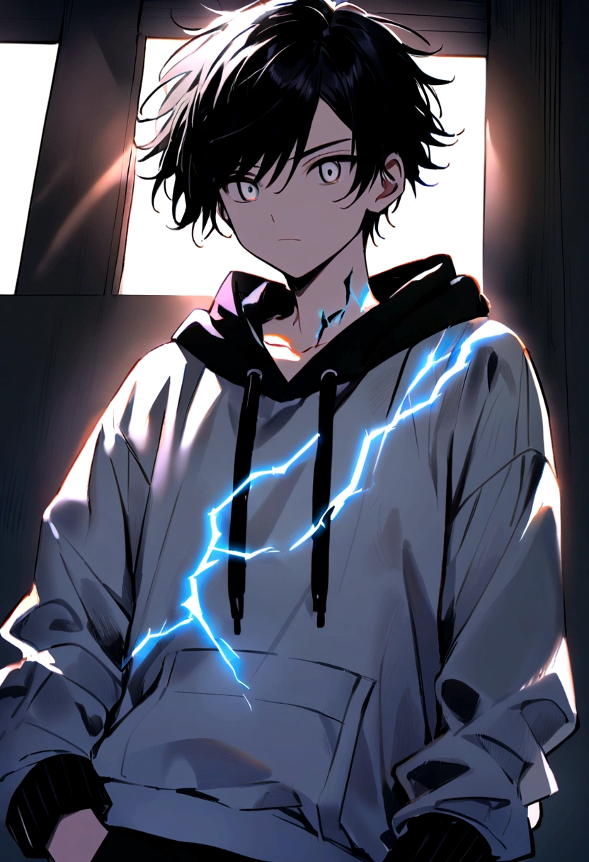 Man 17 years old Long black hair black and white sweatshirt with electricity on his body