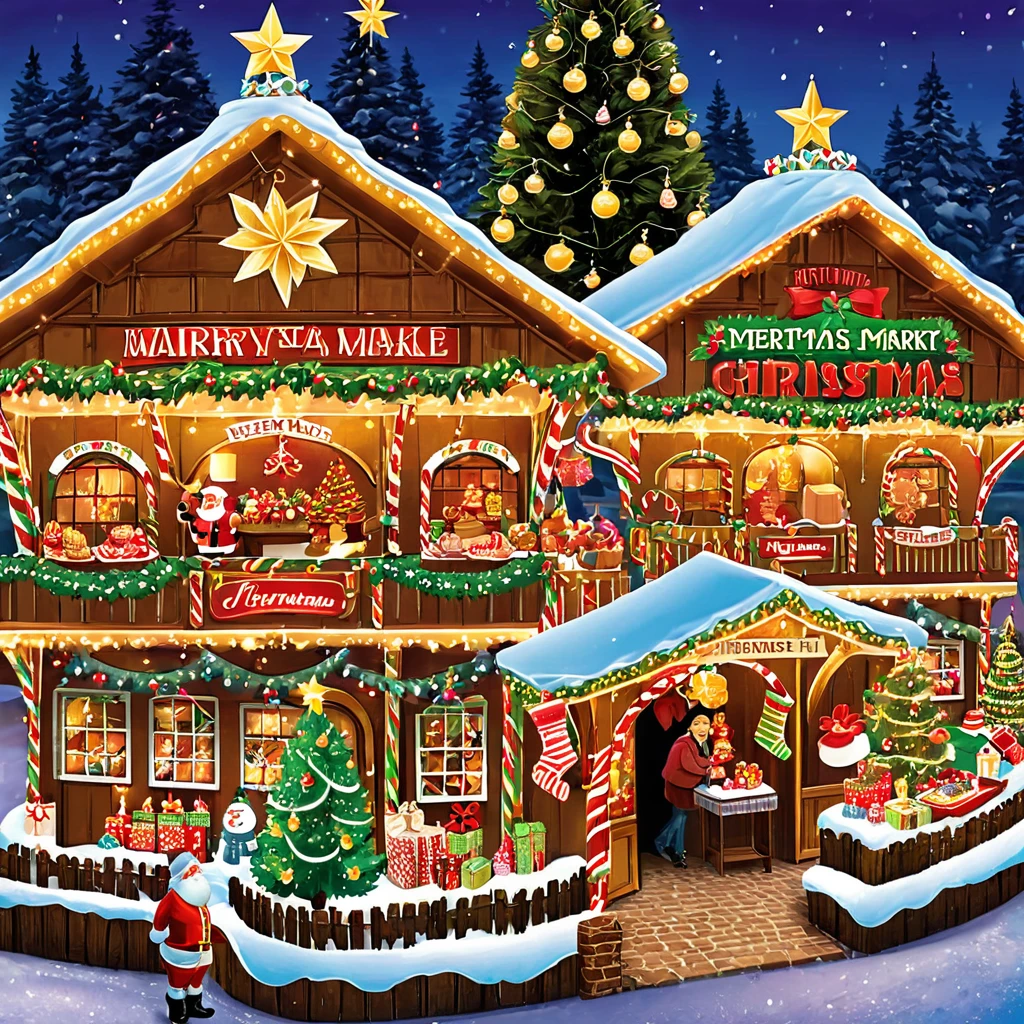 Design a festive Christmas market with wooden stalls selling ornaments and treats. Include a giant, sparkling Christmas tree as the centerpiece.