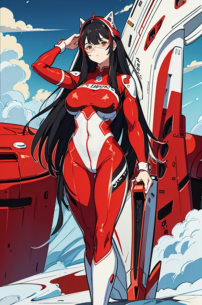 (masterpiece、Highest quality、8K、visor、whole body、Are standing)、One beautiful woman、Red and white rubber catsuit、Color Timer、Black Hair、Bobcut、Huge breasts、crevasse、Waistline、boots