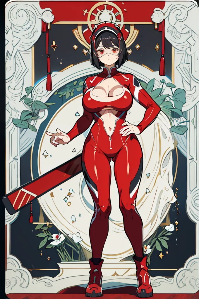 (masterpiece、Highest quality、8K、visor、whole body、Are standing)、One beautiful woman、Red and white rubber catsuit、Color Timer、Black Hair、Bobcut、Huge breasts、crevasse、Waistline、boots