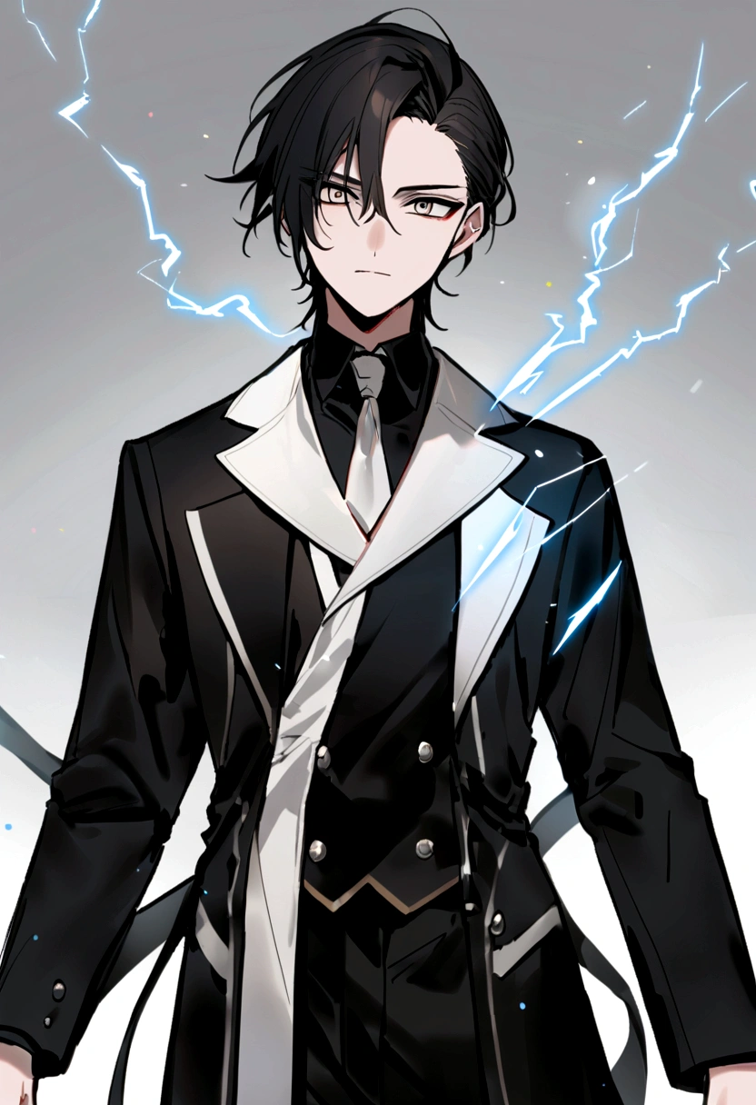 Man 17 years old Long black hair black and white sweatshirt with electricity on his body