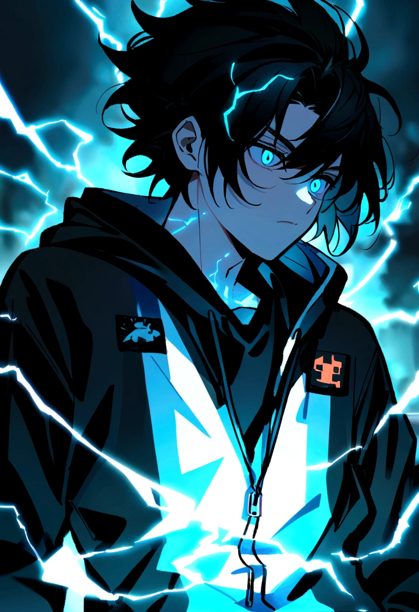 Man 17 years old Long black hair black and white sweatshirt with electricity on his body