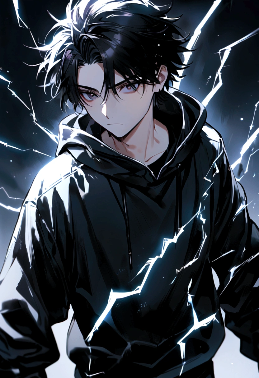 Man 17 years old Long black hair black and white sweatshirt with electricity on his body
