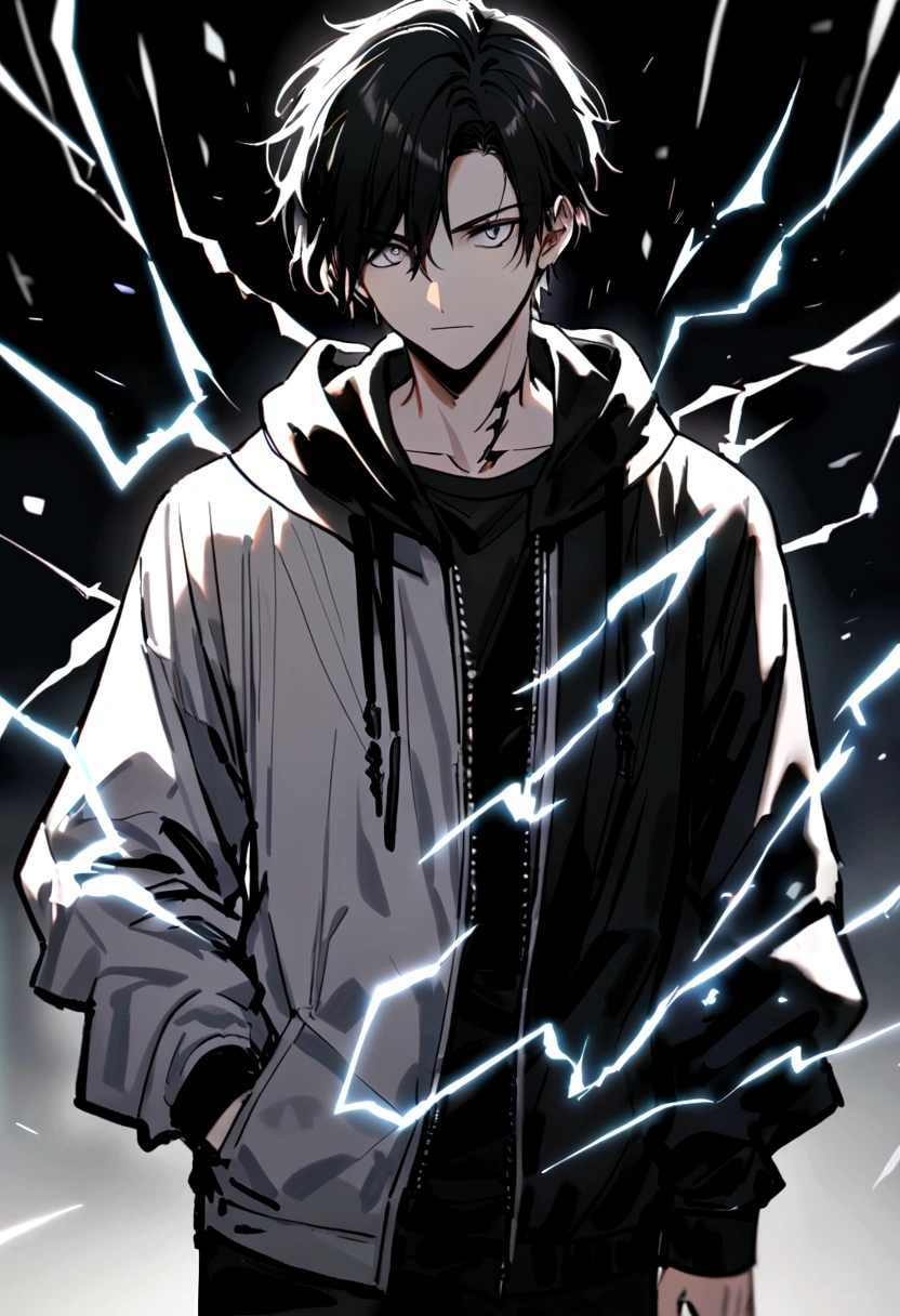 Man Long black hair black and white sweatshirt with electricity on his body