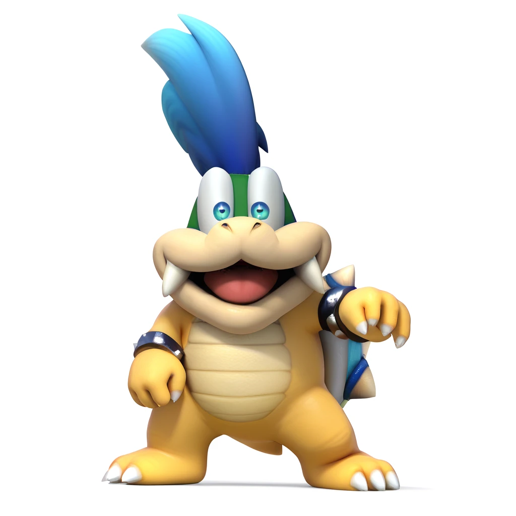 (source_furry, source_cartoon, score_9, score_8_up, score_7_up:1), solo male, larry koopa, standing, looking at viewer, open mouth, simple background, white background, 3d