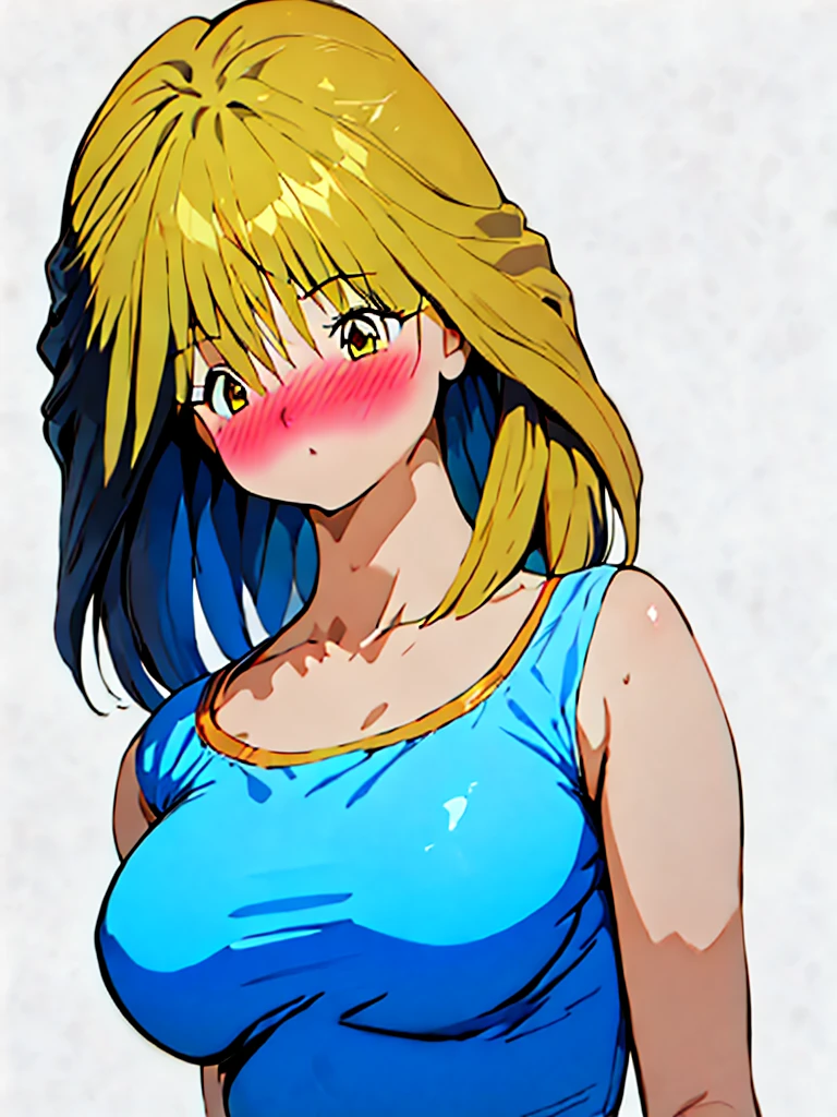 breasts, blush, short hair, bangs, multiple girls, shirt, 2girls, hair between eyes, blue hair, collarbone, yellow eyes, upper body, ahoge, red hair, choker, bag, orange eyes, blue shirt