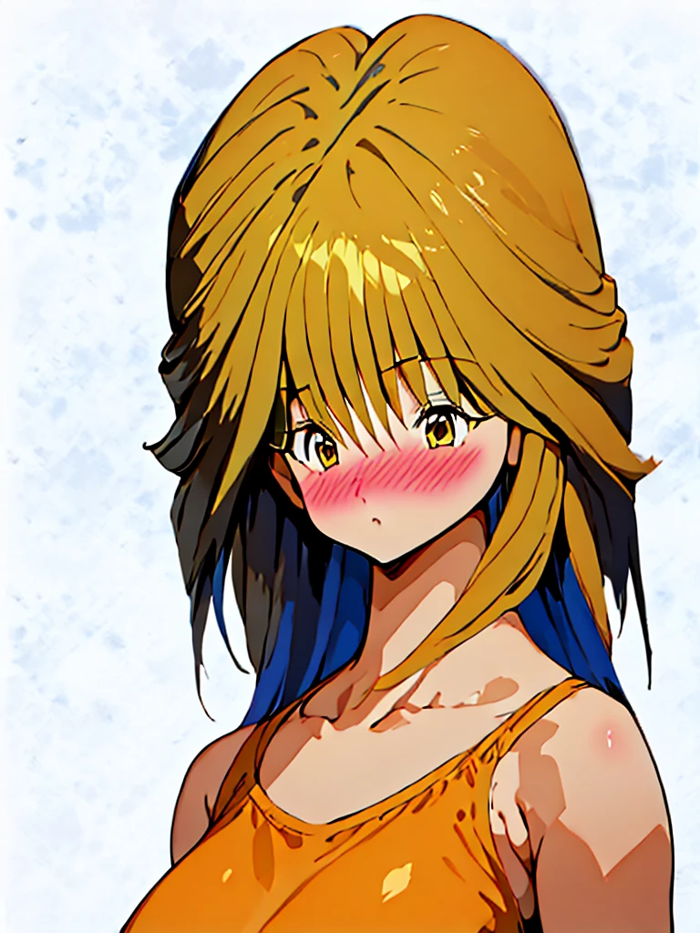 breasts, blush, short hair, bangs, multiple girls, shirt, 2girls, hair between eyes, blue hair, collarbone, yellow eyes, upper body, ahoge, red hair, choker, bag, orange eyes, blue shirt
